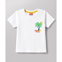 Babyhug Single Jersey Knit Half Sleeves Front & Back Beach Theme Printed T-Shirt & Denim Shorts Set - White & Blue