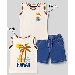 Babyhug Single Jersey Knit Sleeveless T-Shirt & Shorts With Tropical Print - White