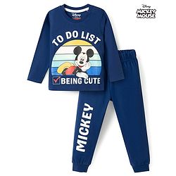 Babyhug Disney Single Jersey Knit Full Sleeves T-Shirt & Pyjama Night Suit With Mickey Mouse Graphics - Navy Blue