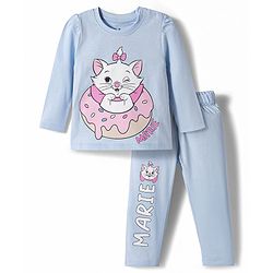 Babyhug Disney 100% Cotton Knit Full Sleeves T-Shirt & Pyjama Night Suit With Marie Graphics - Light Blue