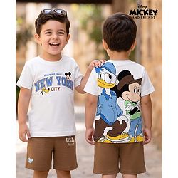 Babyhug Disney 100% Cotton Knit Half Sleeves T-Shirt & Shorts Set With Mickey Mouse & Friends Graphic - White & Tan