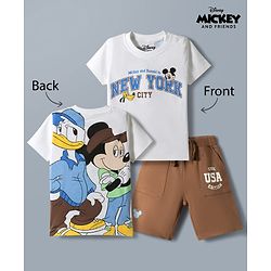 Babyhug Disney 100% Cotton Knit Half Sleeves T-Shirt & Shorts Set With Mickey Mouse & Friends Graphic - White & Tan