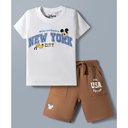 Babyhug Disney 100% Cotton Knit Half Sleeves T-Shirt & Shorts Set With Mickey Mouse & Friends Graphic - White & Tan