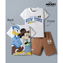 Babyhug Disney 100% Cotton Knit Half Sleeves T-Shirt & Shorts Set With Mickey Mouse & Friends Graphic - White & Tan