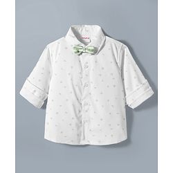 Babyhug Cotton Woven Full Sleeves Printed Party Shirt & Shorts Set with Bow Applique & Stripes - Green & White