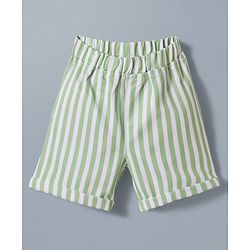 Babyhug Cotton Woven Full Sleeves Printed Party Shirt & Shorts Set with Bow Applique & Stripes - Green & White