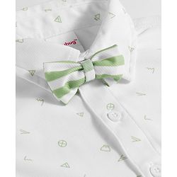Babyhug Cotton Woven Full Sleeves Printed Party Shirt & Shorts Set with Bow Applique & Stripes - Green & White