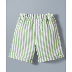 Babyhug Cotton Woven Full Sleeves Printed Party Shirt & Shorts Set with Bow Applique & Stripes - Green & White