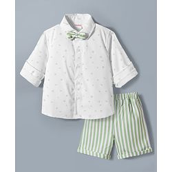 Babyhug Cotton Woven Full Sleeves Printed Party Shirt & Shorts Set with Bow Applique & Stripes - Green & White