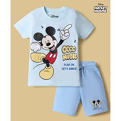 Babyhug Disney 100% Cotton Knit Half Sleeves T-Shirt & Shorts Set With Mickey Mouse Graphics - Light Blue