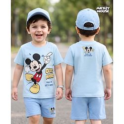 Babyhug Disney 100% Cotton Knit Half Sleeves T-Shirt & Shorts Set With Mickey Mouse Graphics - Light Blue