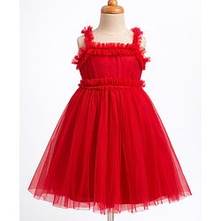Babyhug Mesh Woven Sleeveless Party Dress with Frill Detailing - Red