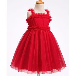 Babyhug Mesh Woven Sleeveless Party Dress with Frill Detailing - Red