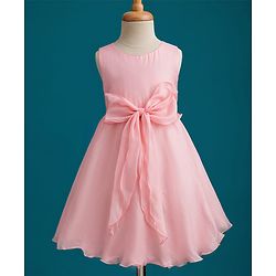 Babyhug Woven Sleeves Solid Color Party Dress with Bow Applique - Peach