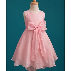 Babyhug Woven Sleeves Solid Color Party Dress with Bow Applique - Peach