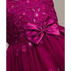 Babyhug Mesh Woven Sleeveless Party Dress with Floral Embroidery & Bow Applique - Wine