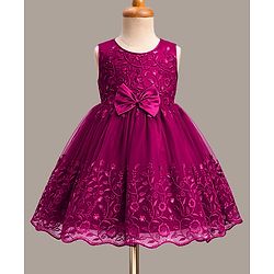 Babyhug Mesh Woven Sleeveless Party Dress with Floral Embroidery & Bow Applique - Wine