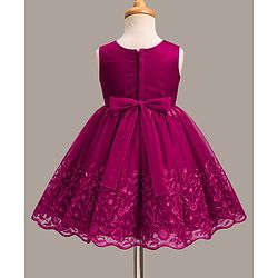 Babyhug Mesh Woven Sleeveless Party Dress with Floral Embroidery & Bow Applique - Wine