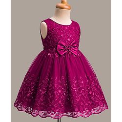 Babyhug Mesh Woven Sleeveless Party Dress with Floral Embroidery & Bow Applique - Wine