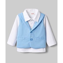 Babyhug Knit Full Sleeves Solid Party Shirt & Trouser with Attached Waistcoat Bow & Cap - Light Blue