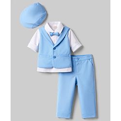 Babyhug Knit Full Sleeves Solid Party Shirt & Trouser with Attached Waistcoat Bow & Cap - Light Blue