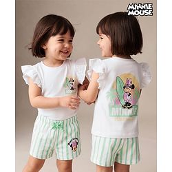 Babyhug Disney 100% Cotton Knit Half Frill Sleeves T-Shirt & Shorts Set With Front & Back Minnie Mouse Graphics With Foil Detailing - White & Light Green