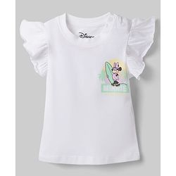 Babyhug Disney 100% Cotton Knit Half Frill Sleeves T-Shirt & Shorts Set With Front & Back Minnie Mouse Graphics With Foil Detailing - White & Light Green