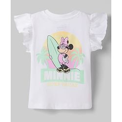 Babyhug Disney 100% Cotton Knit Half Frill Sleeves T-Shirt & Shorts Set With Front & Back Minnie Mouse Graphics With Foil Detailing - White & Light Green