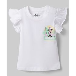 Babyhug Disney 100% Cotton Knit Half Frill Sleeves T-Shirt & Shorts Set With Front & Back Minnie Mouse Graphics With Foil Detailing - White & Light Green