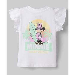 Babyhug Disney 100% Cotton Knit Half Frill Sleeves T-Shirt & Shorts Set With Front & Back Minnie Mouse Graphics With Foil Detailing - White & Light Green