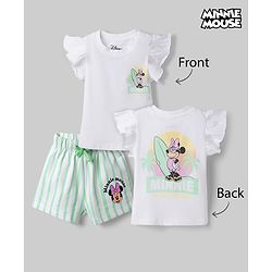 Babyhug Disney 100% Cotton Knit Half Frill Sleeves T-Shirt & Shorts Set With Front & Back Minnie Mouse Graphics With Foil Detailing - White & Light Green