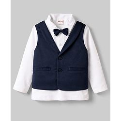 Babyhug Knit Full Sleeves 3 Piece Party Suit With Bow & Cap - Navy Blue