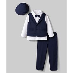 Babyhug Knit Full Sleeves 3 Piece Party Suit With Bow & Cap - Navy Blue