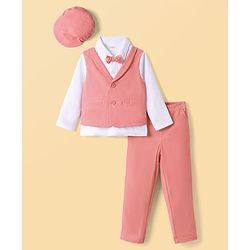 Babyhug Knit Full Sleeves Solid Party Shirt & Trouser with Attached Waistcoat Bow & Cap - Peach