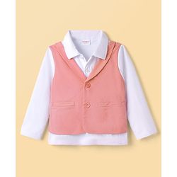 Babyhug Knit Full Sleeves Solid Party Shirt & Trouser with Attached Waistcoat Bow & Cap - Peach