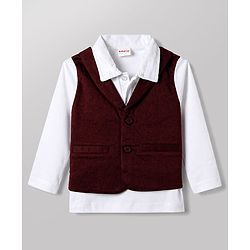 Babyhug Knit Full Sleeves Solid Shirt & Trouser with Bow & Cap - Wine