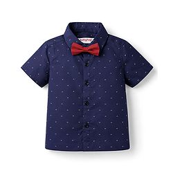 Babyhug Cotton Woven Half Sleeves Printed Shirt & Shorts with Bow & Suspender - Navy Blue & Maroon