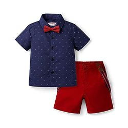 Babyhug Cotton Woven Half Sleeves Printed Shirt & Shorts with Bow & Suspender - Navy Blue & Maroon
