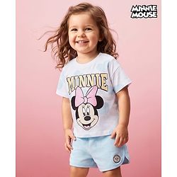 Babyhug Disney 100% Cotton Knit Half Sleeves T-Shirt & Shorts Set With Minnie Mouse Graphics - Light Blue