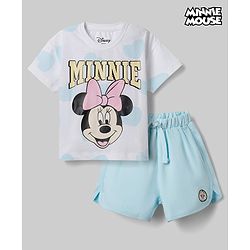 Babyhug Disney 100% Cotton Knit Half Sleeves T-Shirt & Shorts Set With Minnie Mouse Graphics - Light Blue