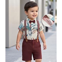 Babyhug Cotton Woven Half Sleeves Tropical Theme Printed Party Shirt & Shorts Set With Suspender & Bow - Multicolor