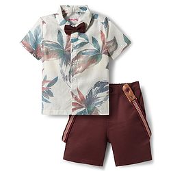 Babyhug Cotton Woven Half Sleeves Tropical Theme Printed Party Shirt & Shorts Set With Suspender & Bow - Multicolor