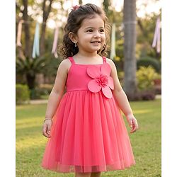 Babyhug Woven Sleeveless Mesh Party Dress with Floral Applique & Frill Detailing - Pink