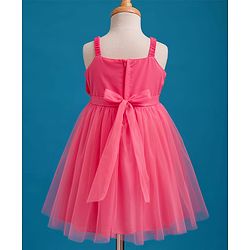 Babyhug Woven Sleeveless Mesh Party Dress with Floral Applique & Frill Detailing - Pink