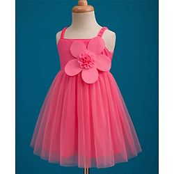 Babyhug Woven Sleeveless Mesh Party Dress with Floral Applique & Frill Detailing - Pink