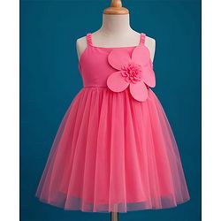 Babyhug Woven Sleeveless Mesh Party Dress with Floral Applique & Frill Detailing - Pink
