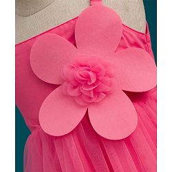 Babyhug Woven Sleeveless Mesh Party Dress with Floral Applique & Frill Detailing - Pink