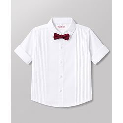 Babyhug Cotton Satin Woven Full Sleeves Pintuck Solid Shirt with Bow - White