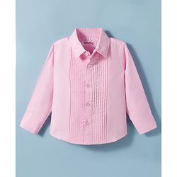 Babyhug Cotton Satin Woven Full Sleeves Pintuck Solid Shirt with Bow - Pink