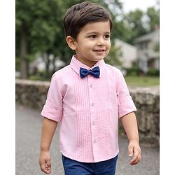 Babyhug Cotton Satin Woven Full Sleeves Pintuck Solid Shirt with Bow - Pink